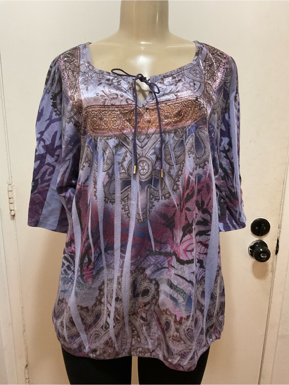 Roz & Ali women's whimsical Purple Patterned 3/4 sleeve Top size XL